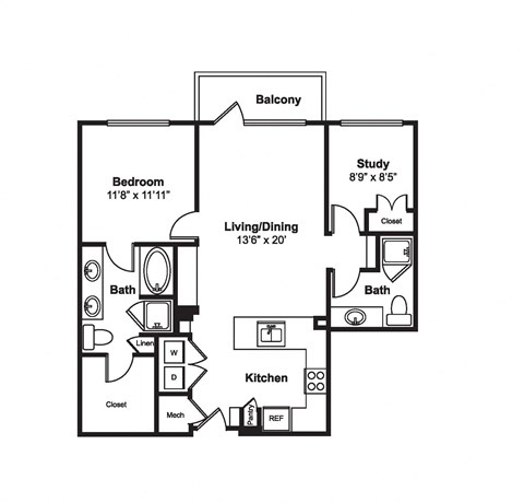 Floor plan for 1 bed, 1 bath, 1010 sqft